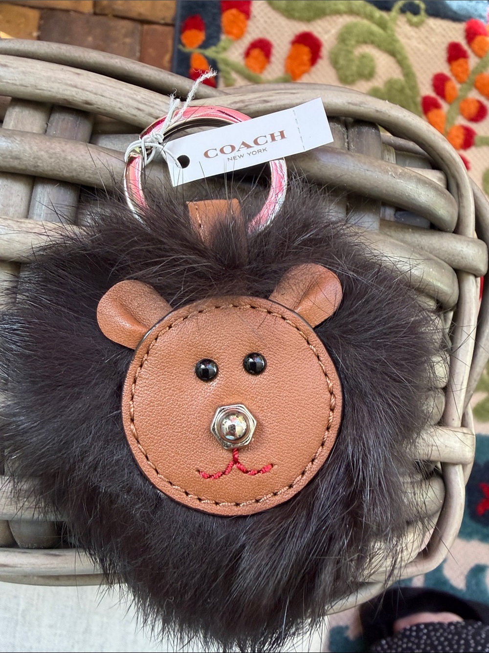 Coach Brown Faux Fur Bear Bag Charm with Tan Leather Face